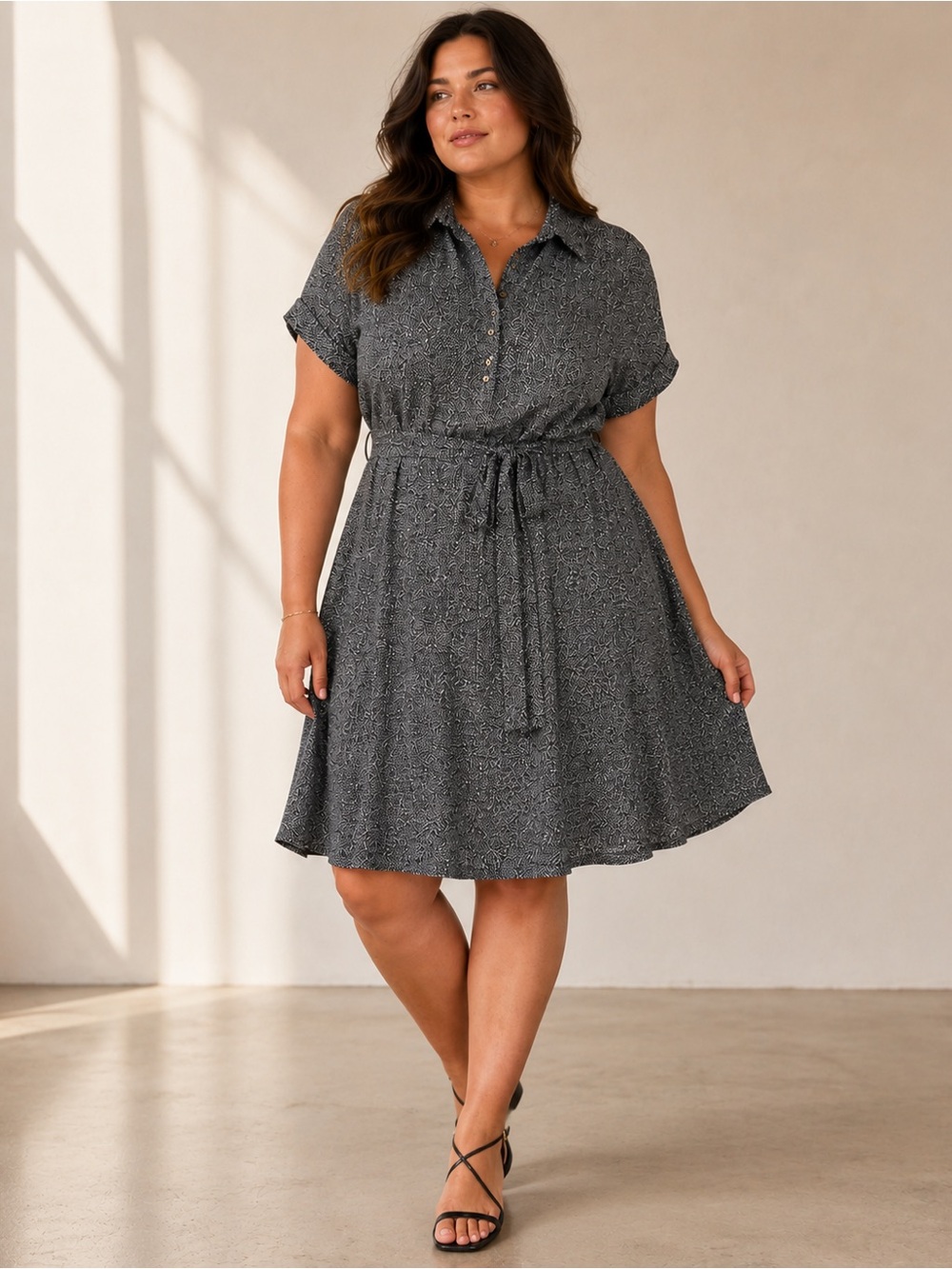 Lands' End Black White Speckled Belted Shirt Dress Swing A Line Collared Henley